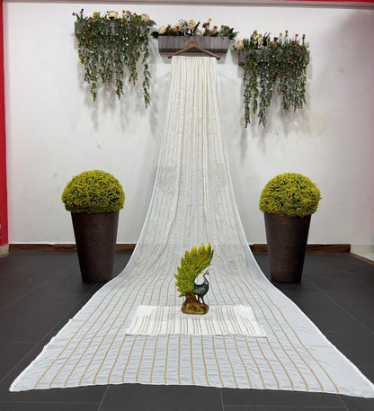 White georgette thread and sequence work party wear saree