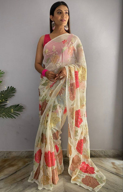 White georgette thread and sequence work saree