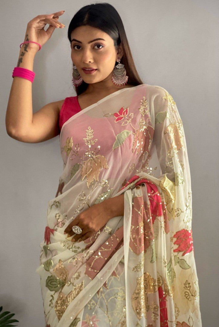 White georgette thread and sequence work saree