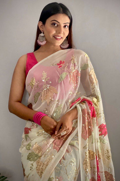 White georgette thread and sequence work saree