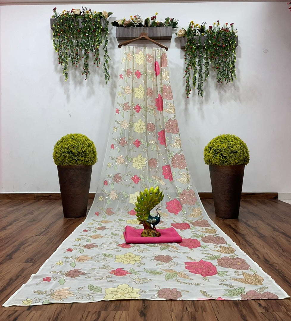White georgette thread and sequence work saree