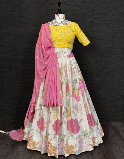 White georgette thread and sequins embroidery work wedding lehenga choli