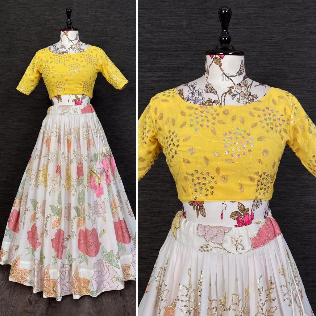 White georgette thread and sequins embroidery work wedding lehenga choli