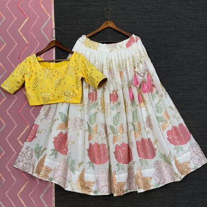 White georgette thread and sequins embroidery work wedding lehenga choli