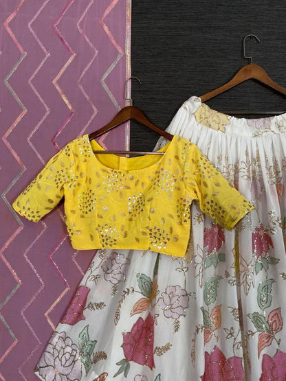 White georgette thread and sequins embroidery work wedding lehenga choli