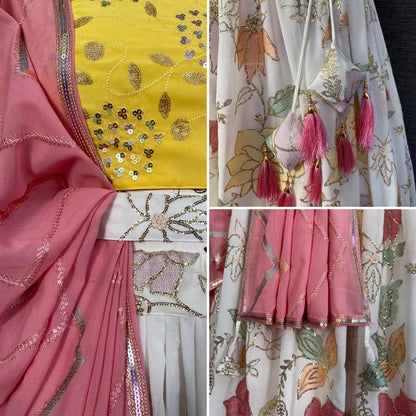 White georgette thread and sequins embroidery work wedding lehenga choli