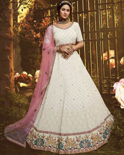 White georgette thread and zari work bridal lehenga choli