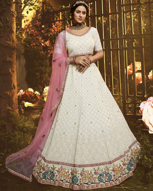 White georgette thread and zari work bridal lehenga choli