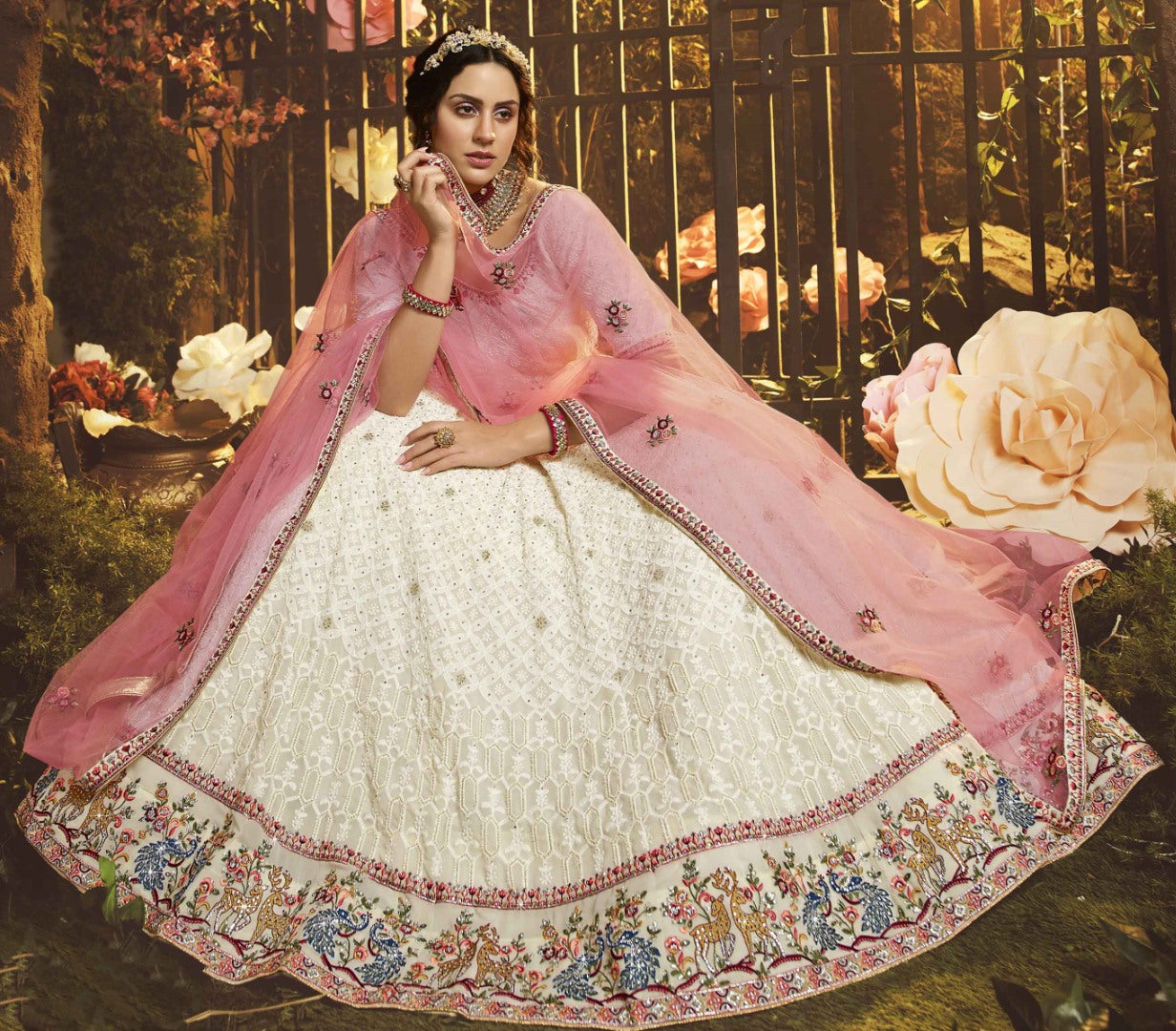 White georgette thread and zari work bridal lehenga choli
