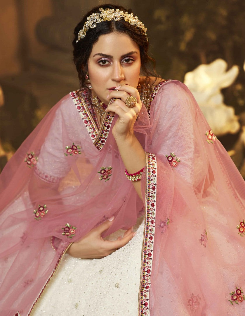 White georgette thread and zari work bridal lehenga choli