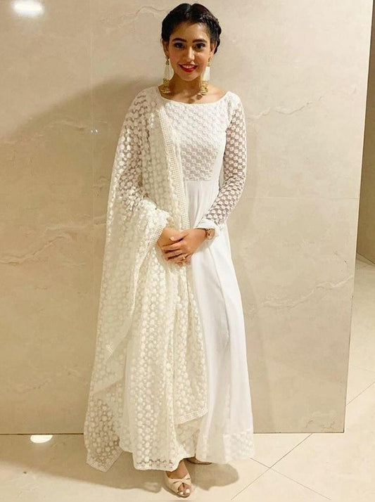 White georgette thread embroidered anarkali gown