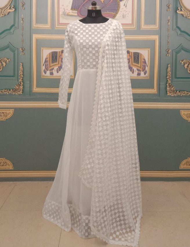 White georgette thread embroidered anarkali gown