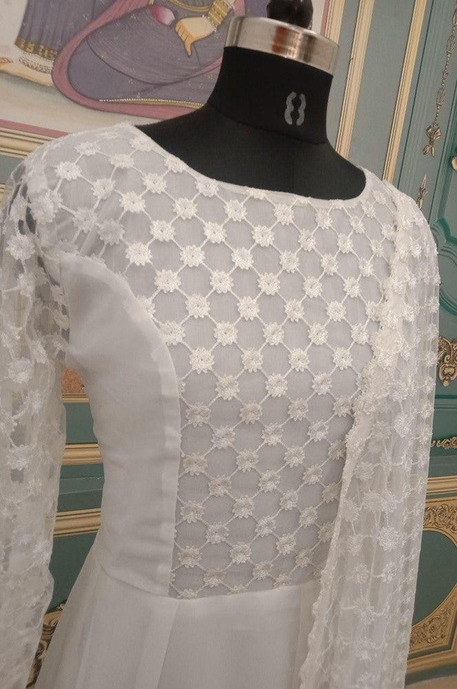 White georgette thread embroidered anarkali gown