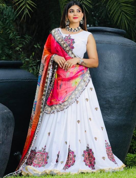 White georgette thread embroidered lehenga choli