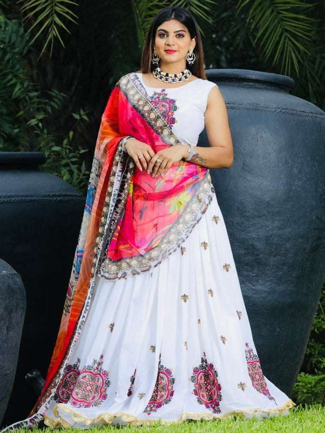 White georgette thread embroidered lehenga choli