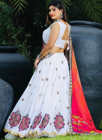 White georgette thread embroidered lehenga choli