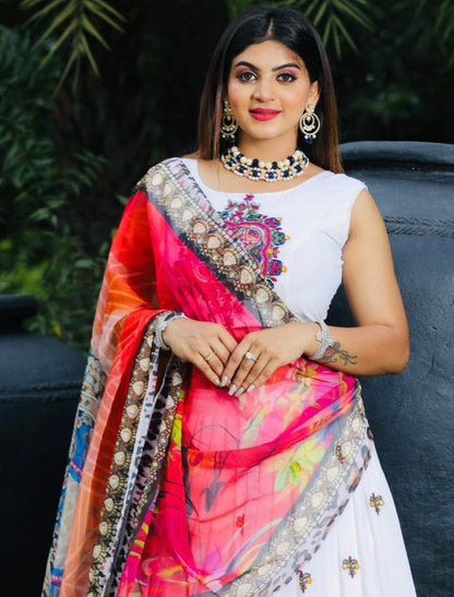 White georgette thread embroidered lehenga choli