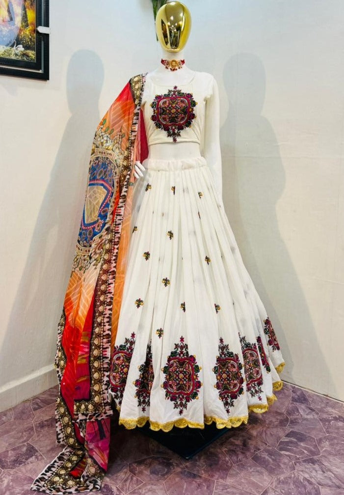 White georgette thread embroidered lehenga choli