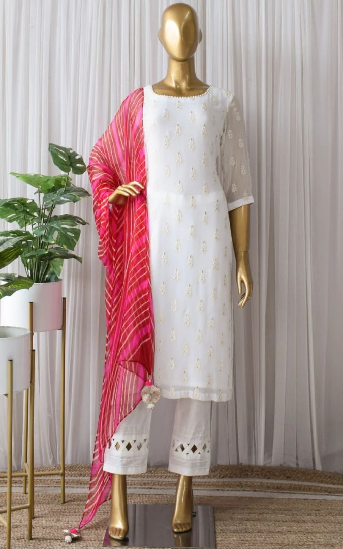 White georgette thread embroidered pant suit