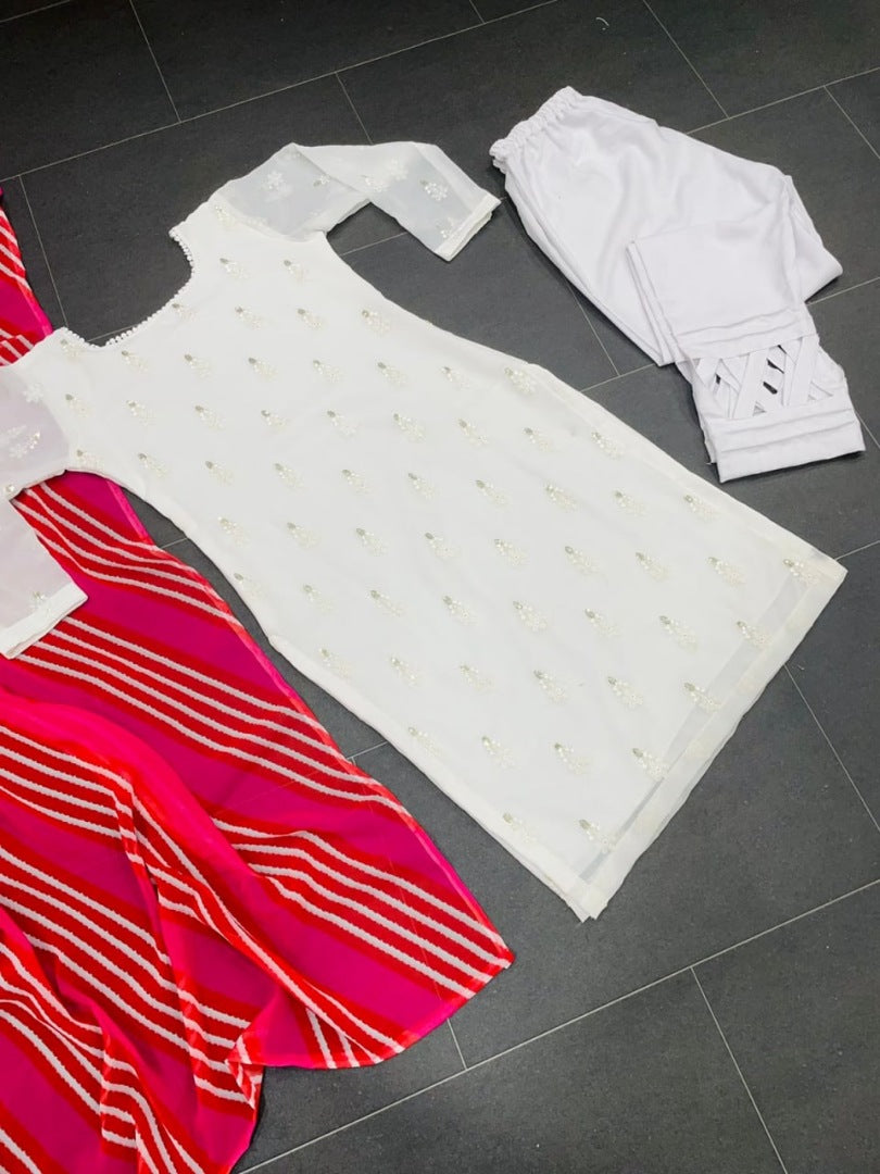 White georgette thread embroidered pant suit