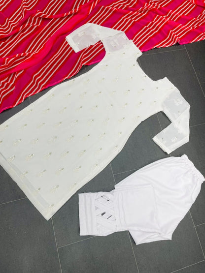 White georgette thread embroidered pant suit