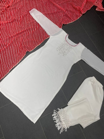 White georgette thread embroidered pant suit