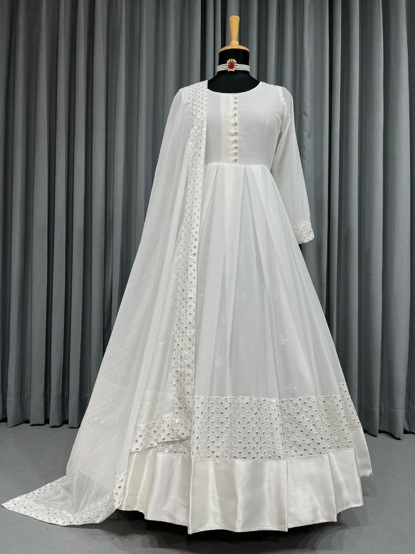 White georgette thread embroidered party wear anarkali suit