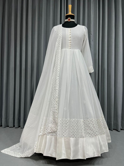 White georgette thread embroidered party wear anarkali suit
