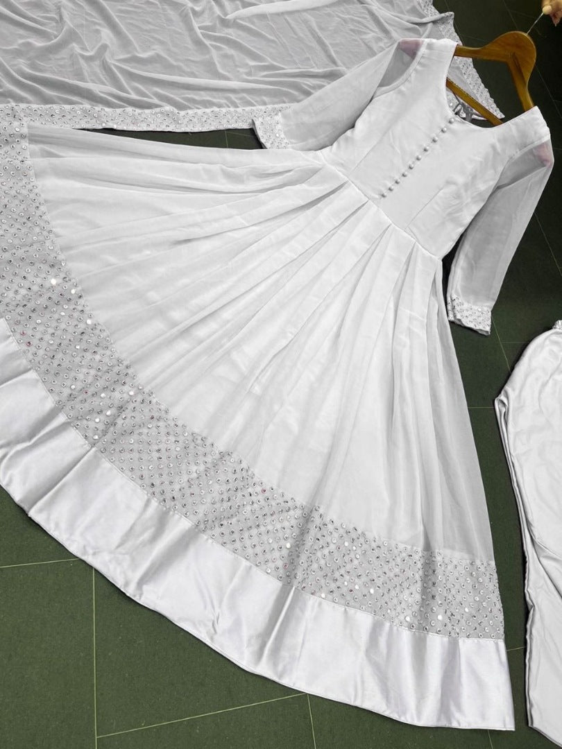 White georgette thread embroidered party wear anarkali suit