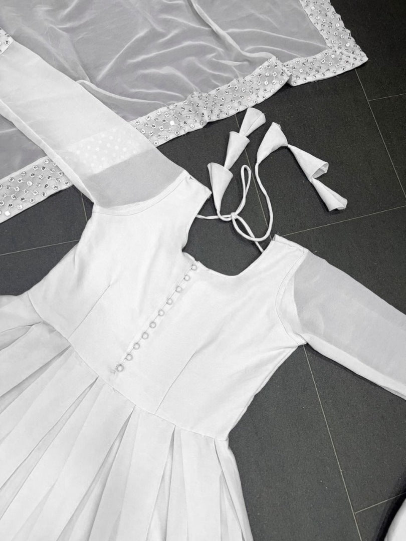 White georgette thread embroidered party wear anarkali suit