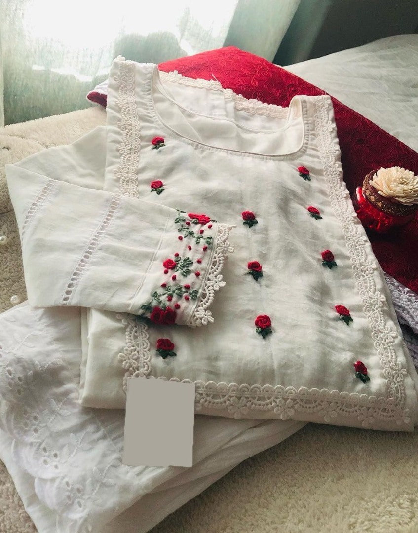 White georgette thread embroidered salwar suit