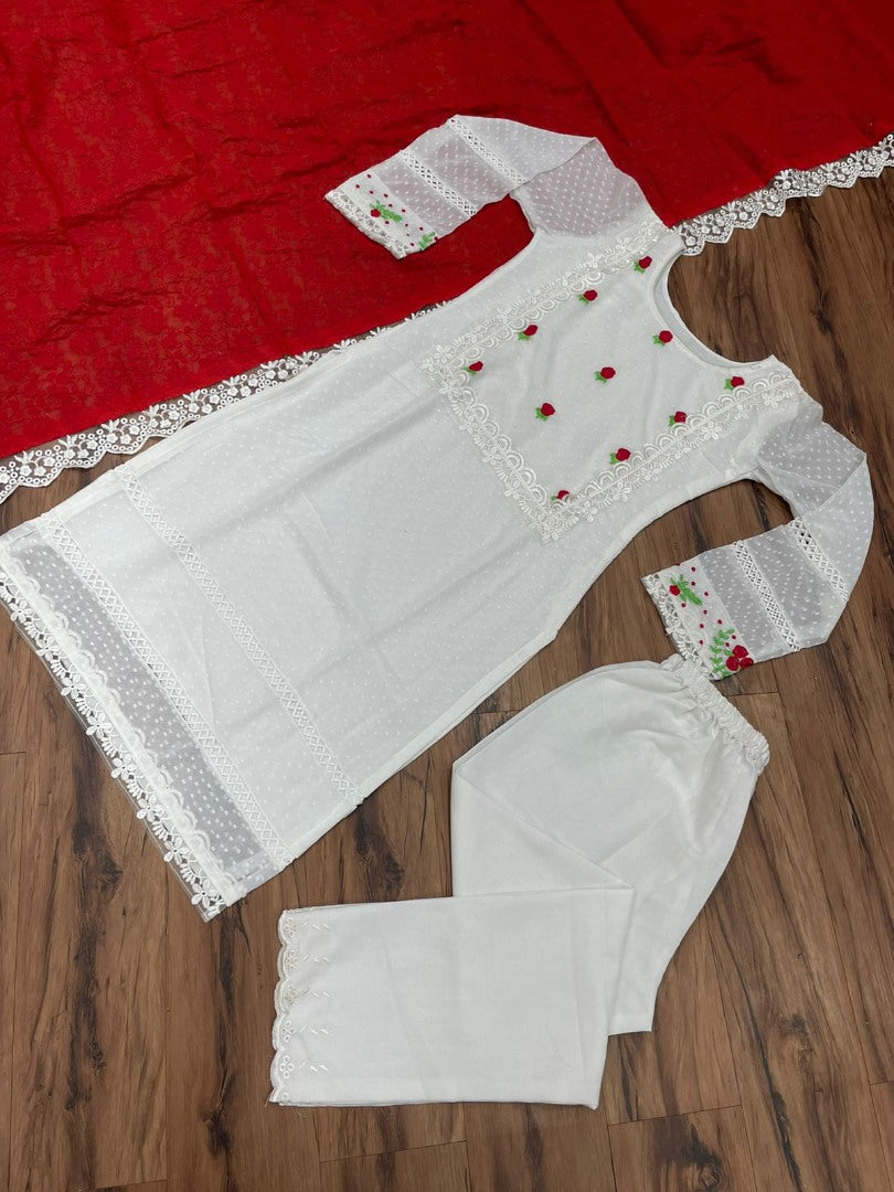 White georgette thread embroidered salwar suit