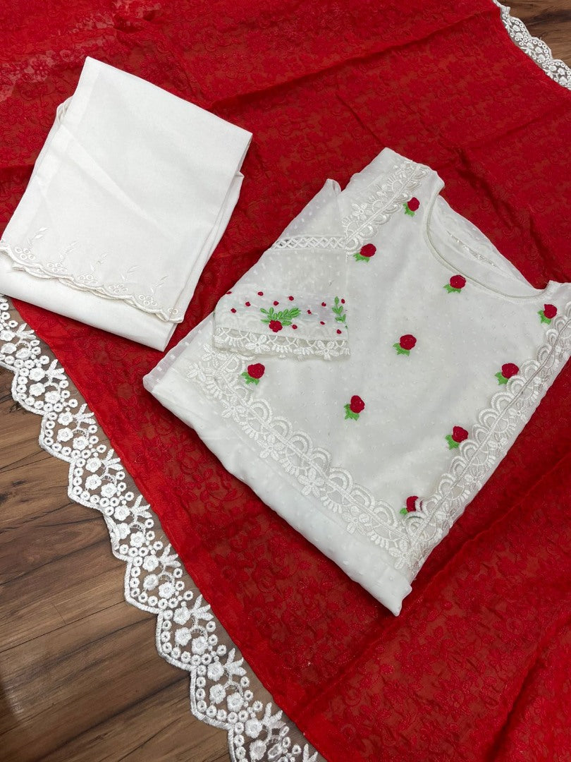 White georgette thread embroidered salwar suit