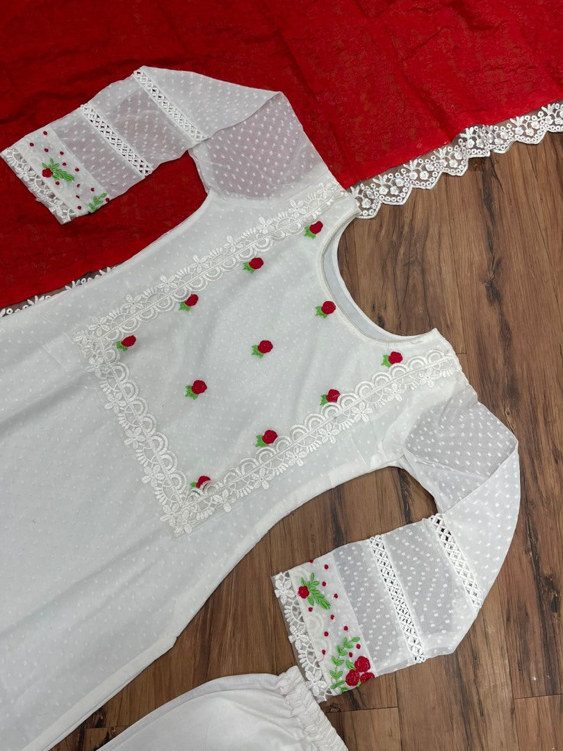 White georgette thread embroidered salwar suit