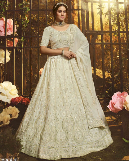 White georgette thread embroidered work bridal lehenga choli