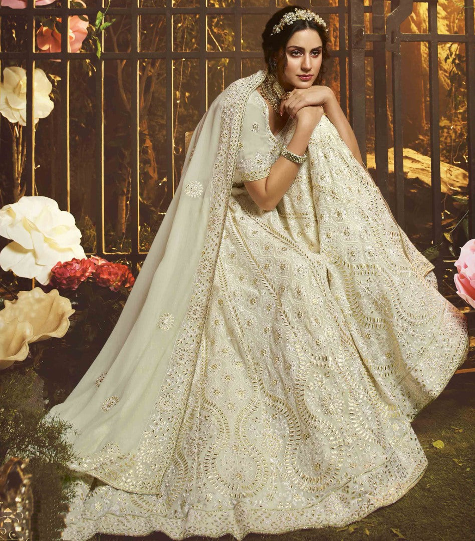 White georgette thread embroidered work bridal lehenga choli