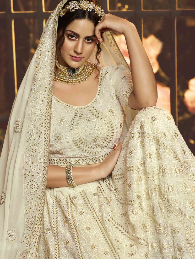 White georgette thread embroidered work bridal lehenga choli