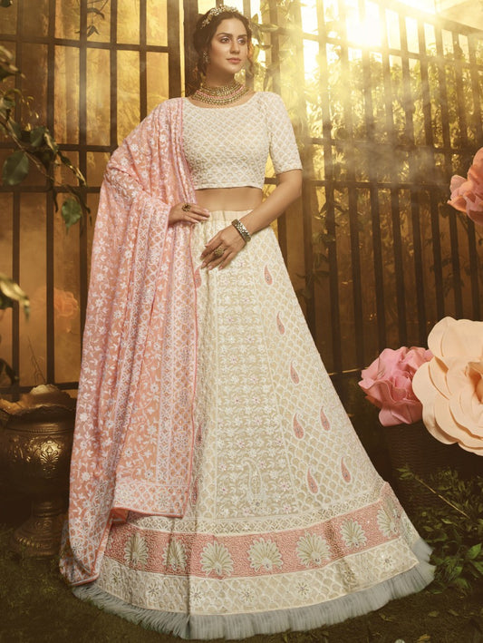 White georgette thread sequence and ruffle work bridal lehenga choli
