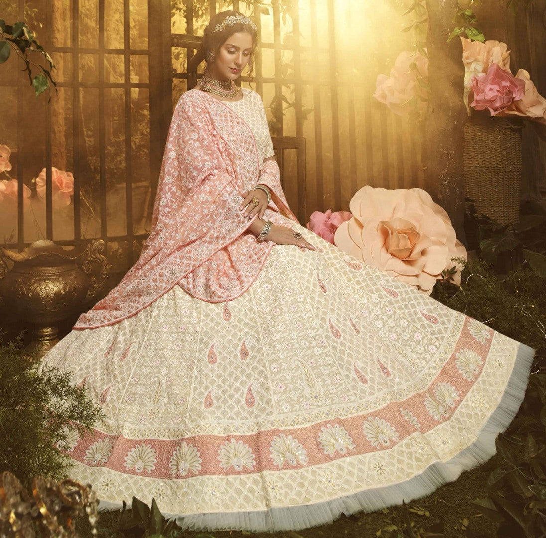 White georgette thread sequence and ruffle work bridal lehenga choli