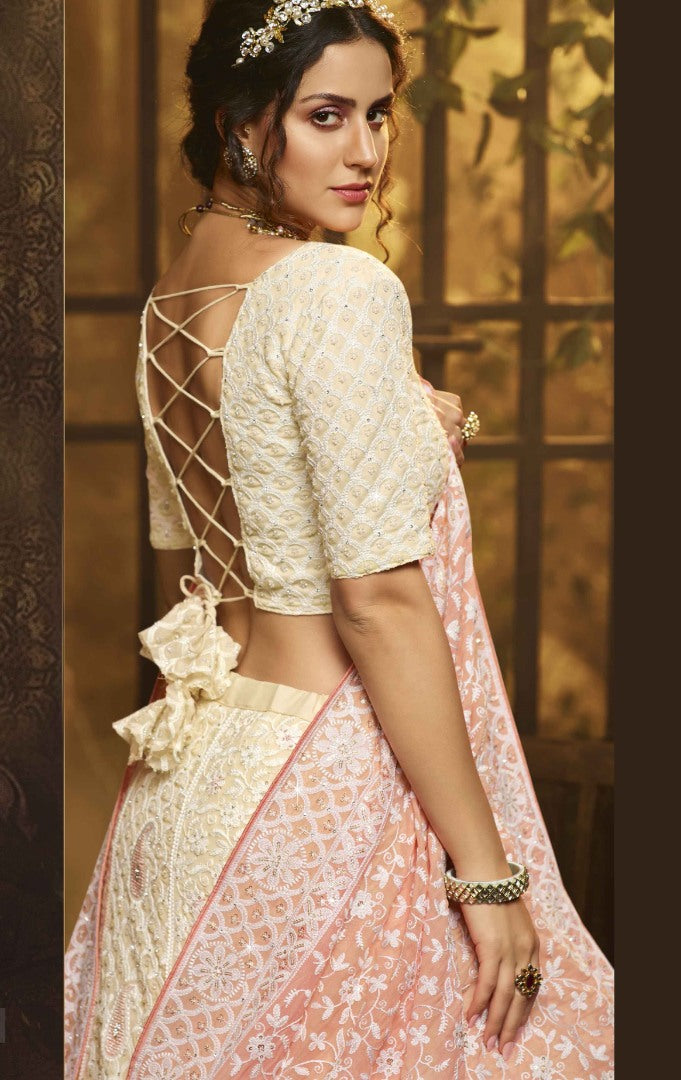 White georgette thread sequence and ruffle work bridal lehenga choli