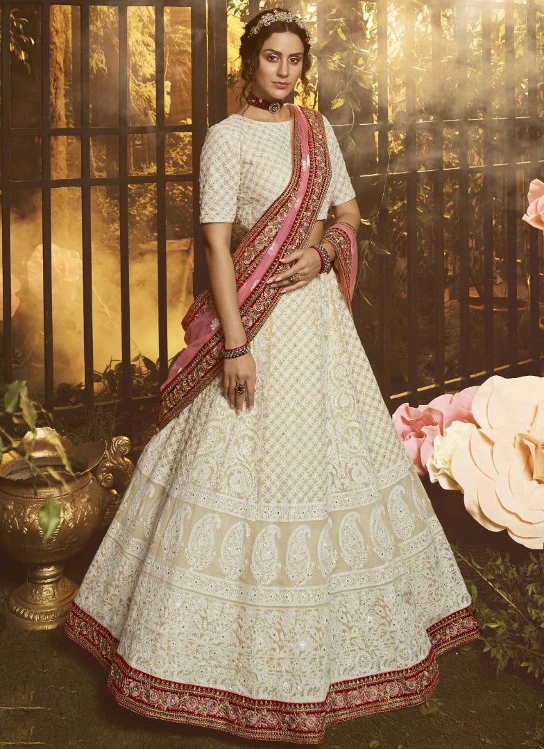 White georgette thread sequence work bridal lehenga choli