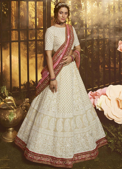 White georgette thread sequence work bridal lehenga choli