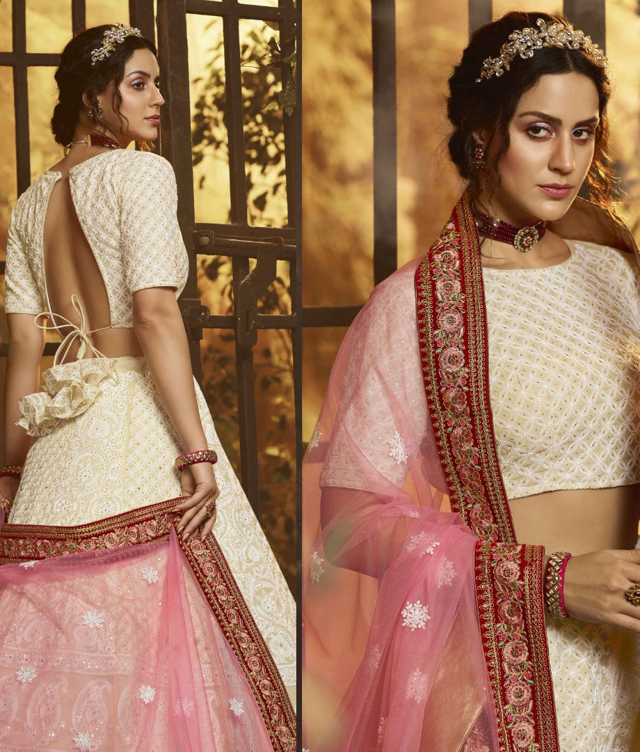 White georgette thread sequence work bridal lehenga choli