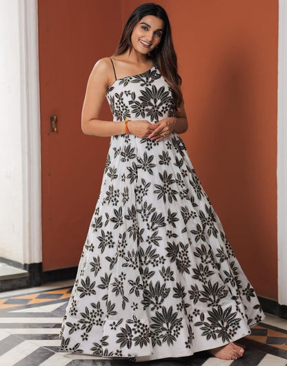 White georgette thread sequence work gown