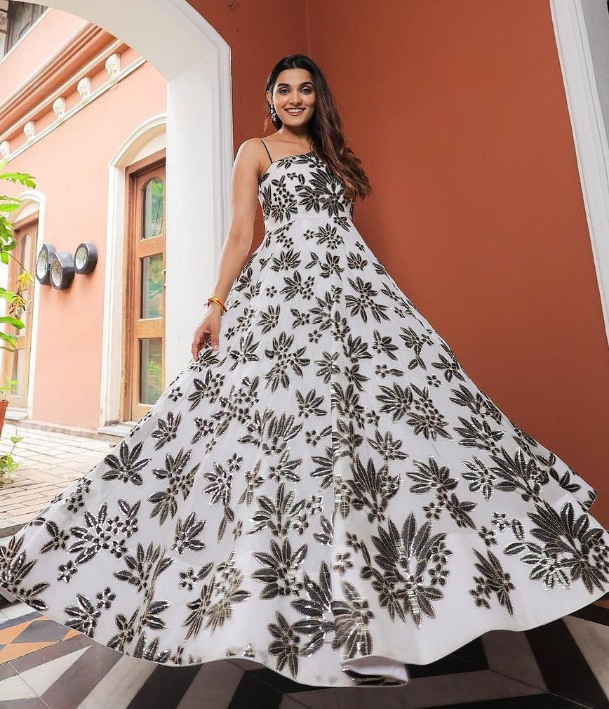 White georgette thread sequence work gown