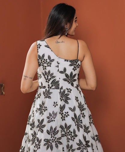 White georgette thread sequence work gown