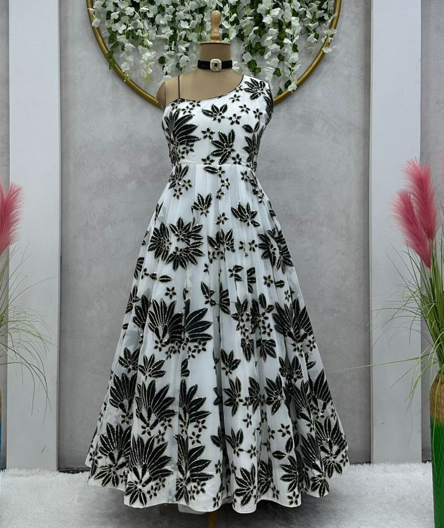 White georgette thread sequence work gown