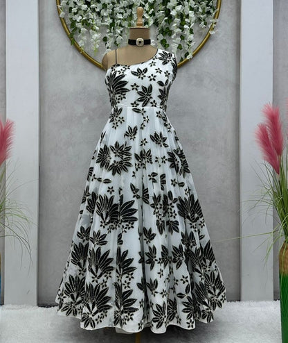 White georgette thread sequence work gown