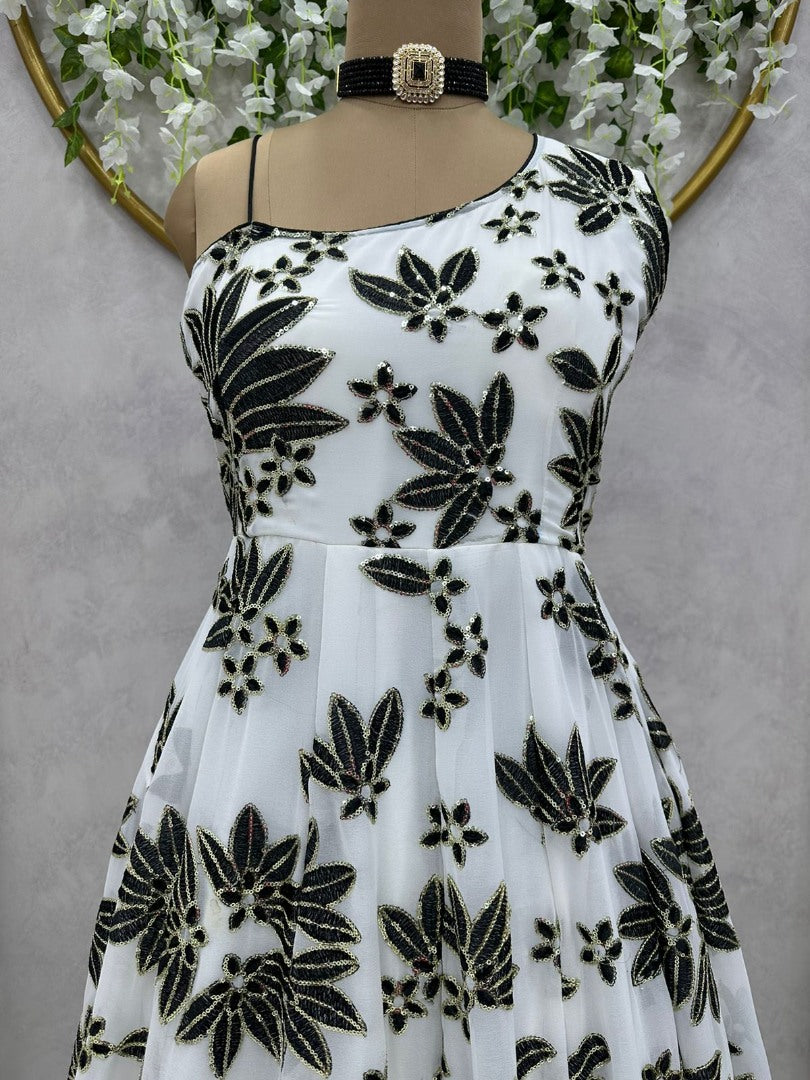 White georgette thread sequence work gown