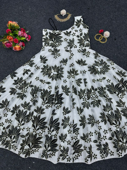 White georgette thread sequence work gown